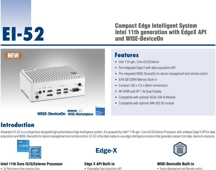 研華EI-52 研華EI-52，邊緣計算系統(tǒng)，支持 Intel 11th gen CPU，可選 Core i5 /i3 /Celeron 處理器，具備豐富擴展接口 2 x LAN，2 x COM，6 x USB等，內(nèi)部可以通過 miniPCIe 或 M.2 擴展AI加速卡實現(xiàn)工業(yè)AI機器視覺，搭載5G通訊模塊。