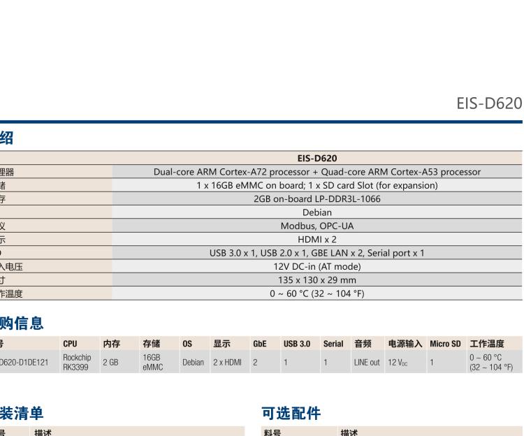研華EIS-D620 研華EIS-D620，邊緣計(jì)算系統(tǒng)網(wǎng)關(guān)，基于Rockchip RK3399處理器，板載2GB內(nèi)存，16GB eMMC 存儲(chǔ)，低功耗邊緣智能設(shè)備，具備豐富擴(kuò)展接口 2 x LAN，1 x COM，1 x USB，2 x HDMI等，體積非常小巧，適用于邊緣設(shè)備控制及數(shù)據(jù)采集等應(yīng)用場景。