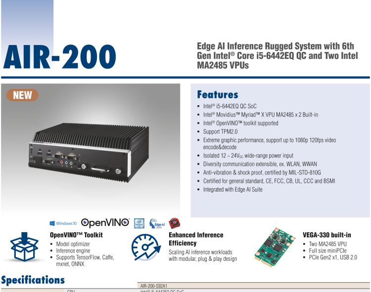 研華AIR-200 基于Intel Core i5-6442EQ處理器，AI計算平臺，內(nèi)置Myriad X VPU * 2