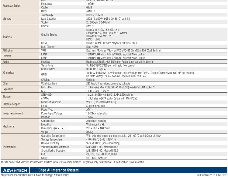 研華AIR-200 基于Intel Core i5-6442EQ處理器，AI計算平臺，內(nèi)置Myriad X VPU * 2