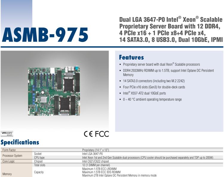 研華ASMB-975 雙路LGA3647-P0 Intel? Xeon? Scalable 服務(wù)器主板，帶12個 DDR4, 4個 PCIe x16 + 1個 PCIe x8 + 4 個PCIx4, 14 個 SATA3, 8 個USB3.0, Dual 10GbE, IPMI