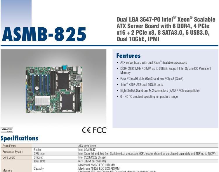 研華ASMB-825 雙路LGA 3647-P0 Intel? Xeon? Scalable ATX 服務(wù)器主板，帶6 個(gè)DDR4, 4 PCIe x16 和 2 個(gè) PCIe x8, 8 個(gè)SATA3, 6 個(gè)USB3.0, Dual 10GbE, IPMI