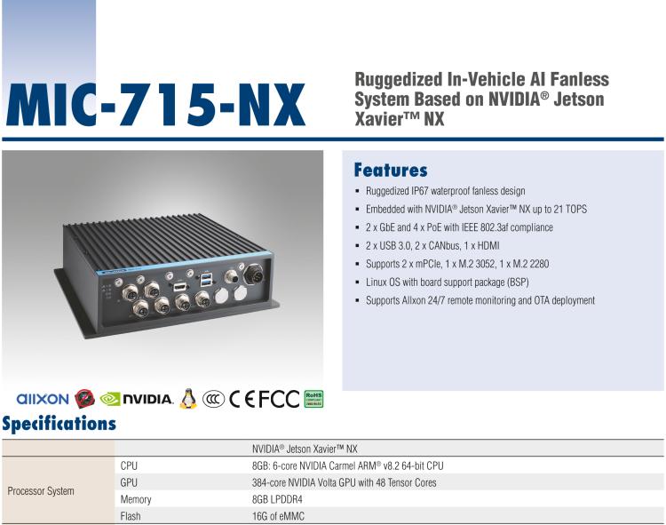 研華MIC-715 加固型AI 推理平臺，基于英偉達Jetson? Xavier NX，IP67防護等級