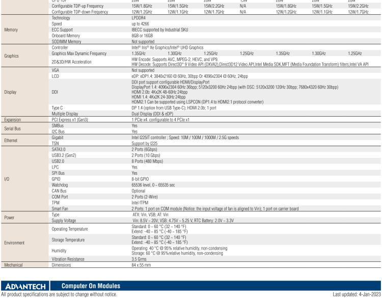 研華SOM-7583 第十一代 Intel? Core U系列處理器，COM Express Mini Type 10 模塊