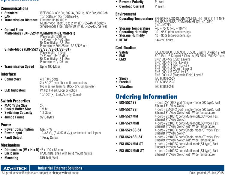 研華EKI-5524MMI 2光4電百兆ProView(組態(tài))系列工業(yè)以太網(wǎng)交換機(包含單模/多模、SC/ST接口)
