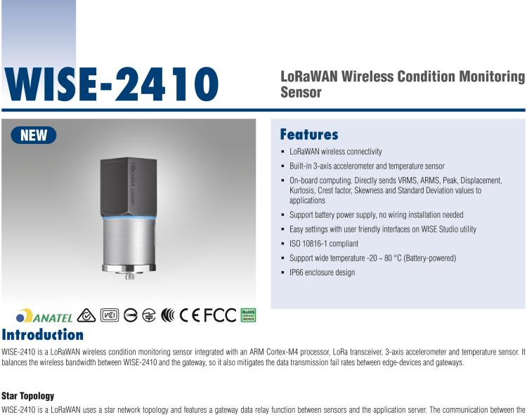 研華WISE-2410 WISE-2410是LoRaWA N無線振動(dòng)溫度監(jiān)控傳感器，電池使用周期為2年。