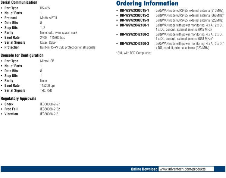 研華BB-WSW2C42100 LoRaWAN Node - 4 AI, 2 DI, 1 DO, IP66, Ext. Antenna , 868/915/923 MHz