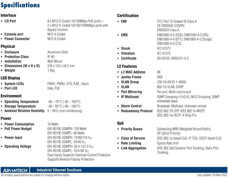 研華EKI-9510E-2GMPL 10個(gè)百兆M12 POE端口網(wǎng)管EN50155交換機(jī)， 支持24/48 VDC供電