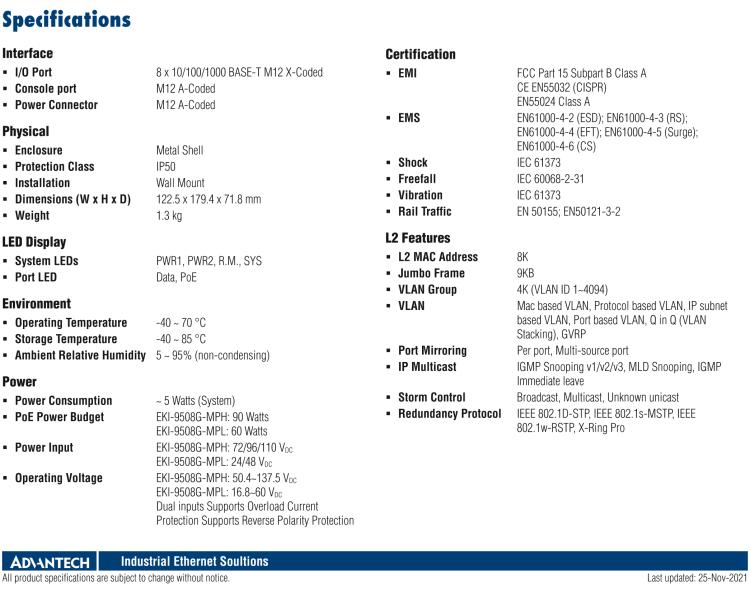 研華EKI-9508G-MPH 8個(gè)千兆M12 POE端口非網(wǎng)管EN50155交換機(jī)， 支持72/96/110 VDC供電