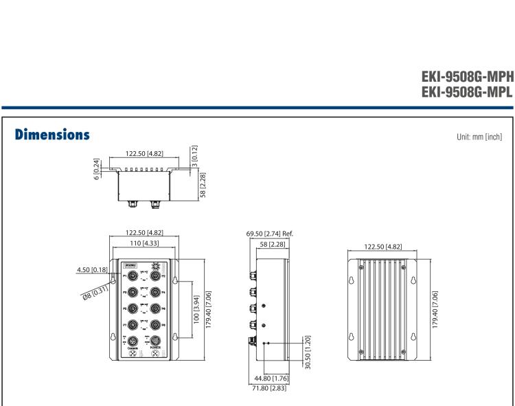 研華EKI-9508G-MPH 8個(gè)千兆M12 POE端口非網(wǎng)管EN50155交換機(jī)， 支持72/96/110 VDC供電