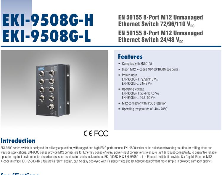 研華EKI-9508G-H 8個千兆M12端口非網(wǎng)管EN50155交換機， 支持72/96/110 VDC供電