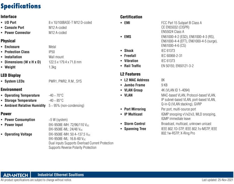 研華EKI-9508E-MH 8個百兆M12端口非網(wǎng)管EN50155交換機， 支持72/96/110 VDC供電