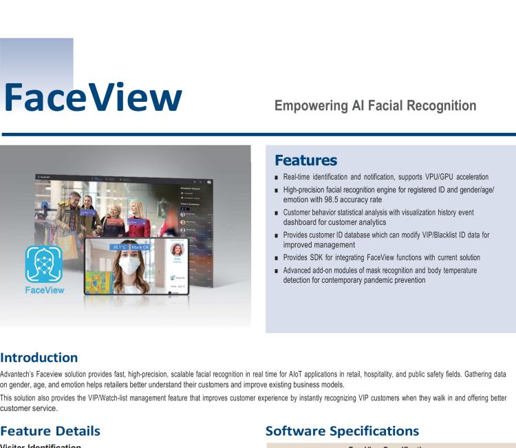 研華FaceView 研華 DeviceOn.FaceView是基于研華 IoT 設(shè)備的人臉識別軟件，支持性別、年齡、情感的數(shù)據(jù)收集，支持VPU/GPU加速。FaceView軟件在最新版本中正確識別率提升到了99.7%，可以支持遮擋檢測，也就是是否正確佩戴口罩，再搭配專業(yè)測溫?cái)z像頭情況下，可以實(shí)現(xiàn)測量體溫。