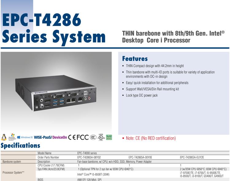 研華EPC-T4286 適配Intel? 第8/9代 Core? i 系列處理器，搭載H310芯片組。1U超薄高度，性能強(qiáng)勁。