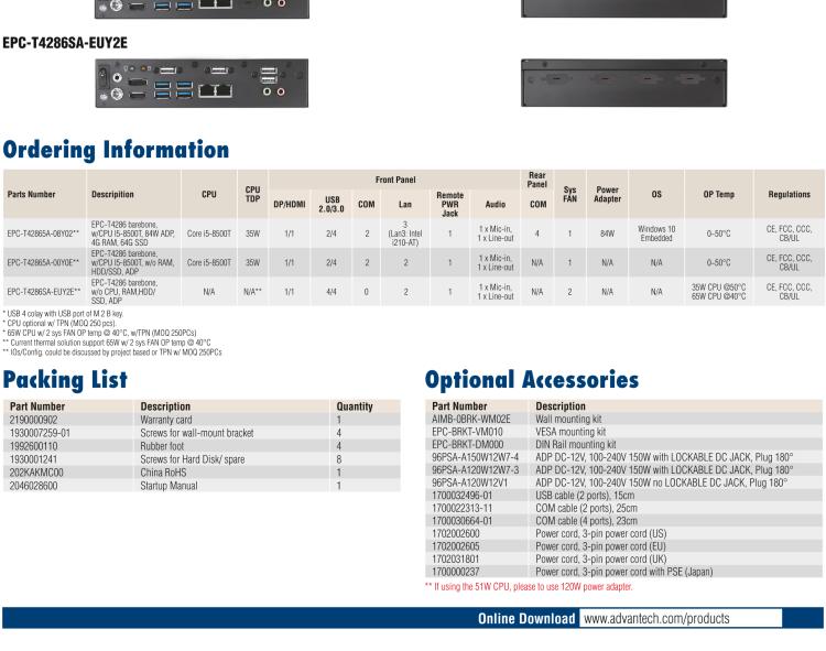 研華EPC-T4286 適配Intel? 第8/9代 Core? i 系列處理器，搭載H310芯片組。1U超薄高度，性能強(qiáng)勁。