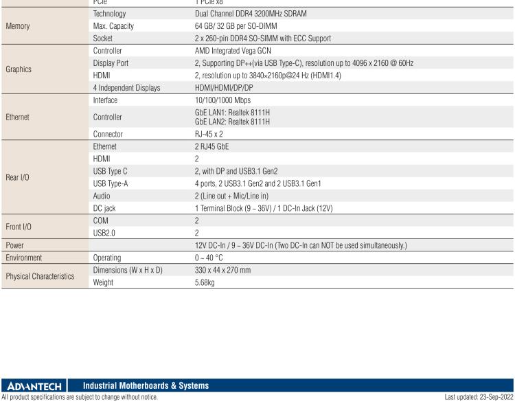 研華EPC-T3229 適配AMD V2748 處理器。擁有1個全高PCIe擴(kuò)展位，1U高度，支持上架。適用于邊緣AI等行業(yè)。