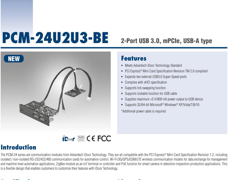 研華PCM-24U2U3 2端口USB 3.0，mPCIe，USB-A型