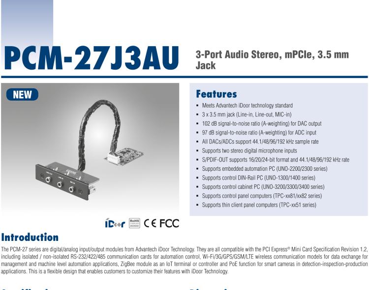 研華PCM-27J3AU 3端口立體聲音頻，mPCIe，3.5毫米插孔