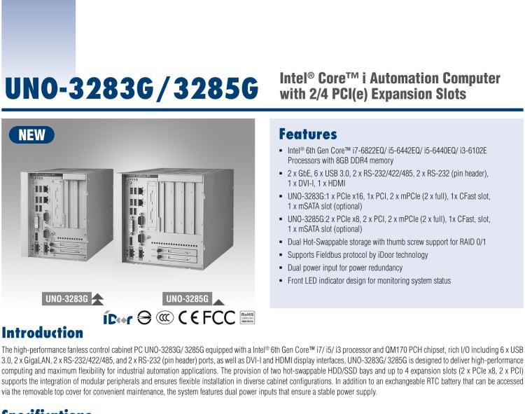 研華UNO-3285G 高效能嵌入式無風(fēng)扇工業(yè)電腦，搭配Intel? Core? i 處理器，4×PCI(e) 擴展槽, 2×GbE, 2×mPCIe, HDMI, DVI-I
