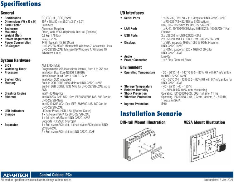 研華UNO-2272G 袖珍型嵌入式工控機，搭配Intel? Atom?處理器，1 x GbE, 2 x mPCIe, VGA/HDMI