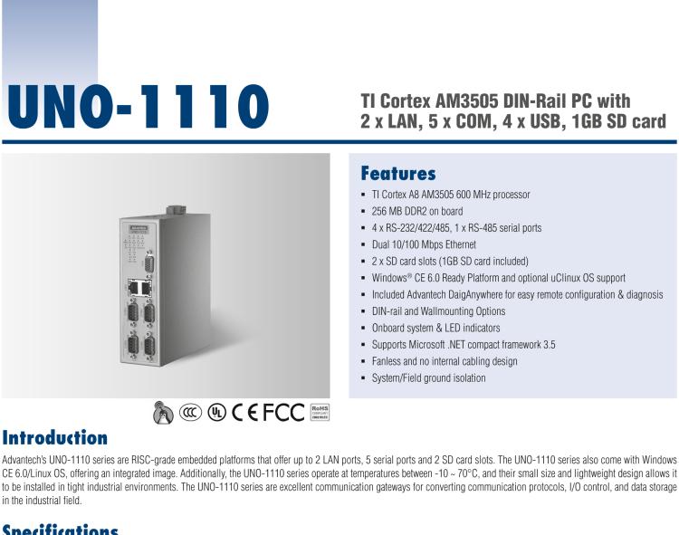 研華UNO-1110 導(dǎo)軌安裝型工業(yè)控制器，搭配TI Coretex AM3505 處理器，2×LAN，5×COM，4×USB，1 GB SD卡