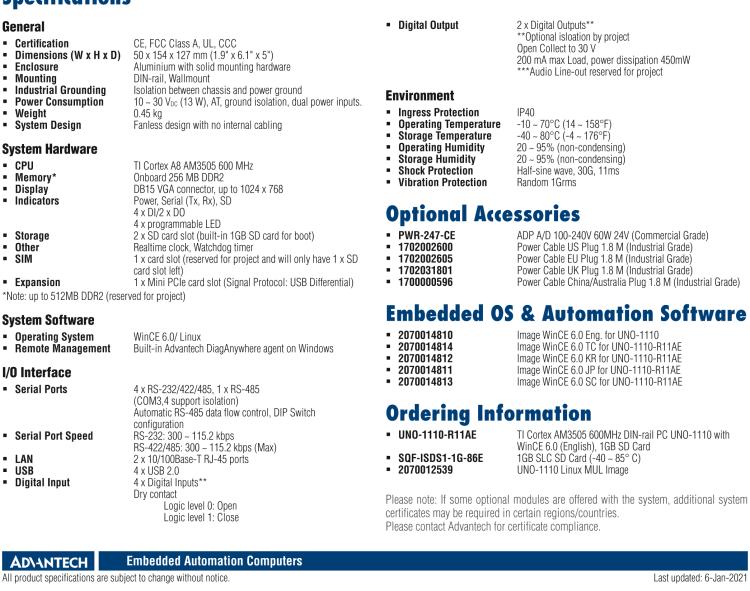 研華UNO-1110 導(dǎo)軌安裝型工業(yè)控制器，搭配TI Coretex AM3505 處理器，2×LAN，5×COM，4×USB，1 GB SD卡