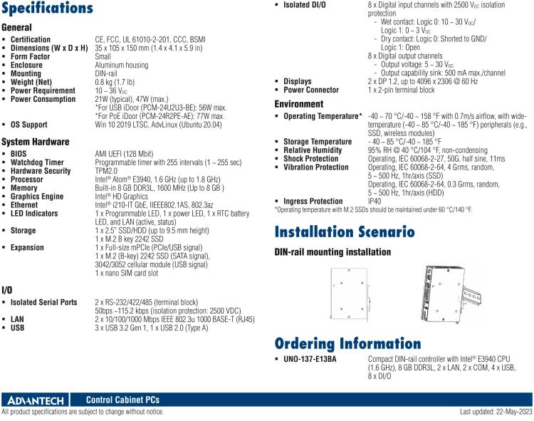 研華UNO-137 DIN導(dǎo)軌控制器，配備Intel?Atom?E3940 CPU、2個LAN、2個COM、3個USB 3.0、1個USB 2.0、2個DP 1.2、8個DI、8個DO、1個M.2、1個mPCIe、TPM 2.0