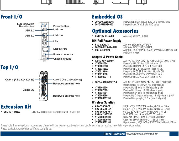 研華UNO-137 DIN導(dǎo)軌控制器，配備Intel?Atom?E3940 CPU、2個LAN、2個COM、3個USB 3.0、1個USB 2.0、2個DP 1.2、8個DI、8個DO、1個M.2、1個mPCIe、TPM 2.0