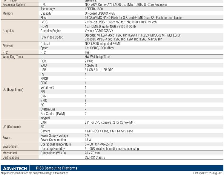 研華ROM-7720 基于NXP i.MX 8QM Qseven Arm核心模塊，多核異構(gòu)，具備優(yōu)異的計(jì)算及圖形顯示性能