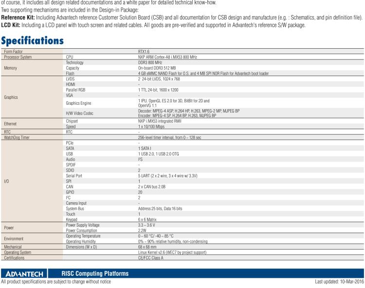 研華ROM-1210 基于NXP ARM Cortex?-A8 i.MX53 1GHz高性能處理器的RTX核心模塊，低功耗