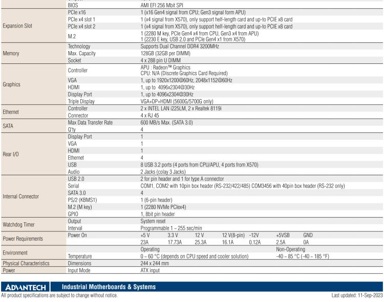 研華AIMB-522 適配AMD Ryzen? AM4 5000系列處理器，搭載X570芯片組。具有豐富接口，雙千兆網(wǎng)口和雙2.5GbE網(wǎng)口設(shè)計(jì)，用于自動(dòng)化和人工智能圖像處理等高端行業(yè)。