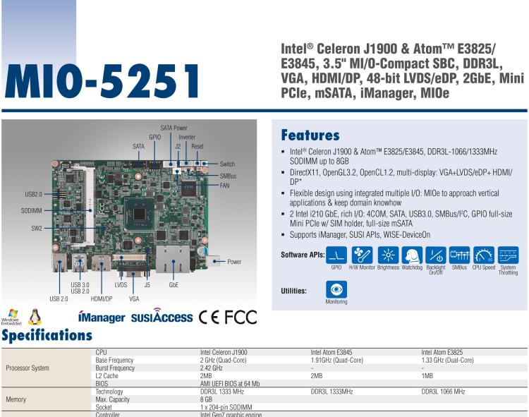 研華MIO-5251 3.5寸MIO單板電腦，采用嵌入式 Intel? Atom? E3825 &Intel? J1900處理器