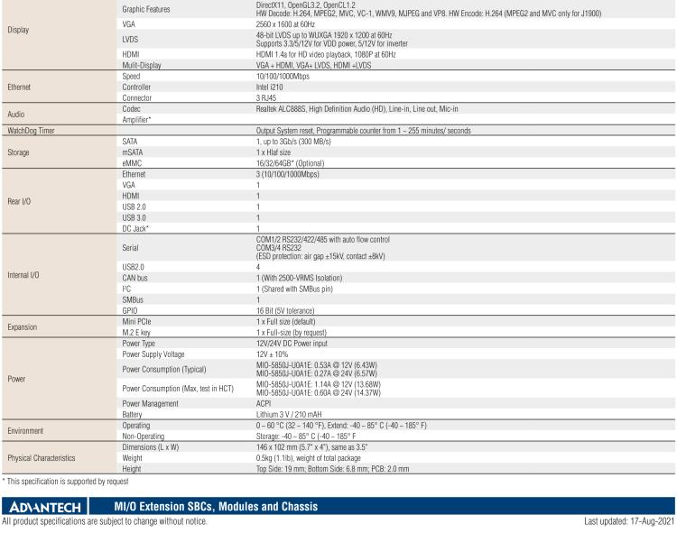 研華MIO-5850 Intel賽揚J1900和Atom?E3825 / E3845,3.5“MI / O-Compact SBC，板載DDR3L，3GbE，iManager 3.0,16位GPIO，CANBUS，板載eMMC，12V / 24V電源輸入