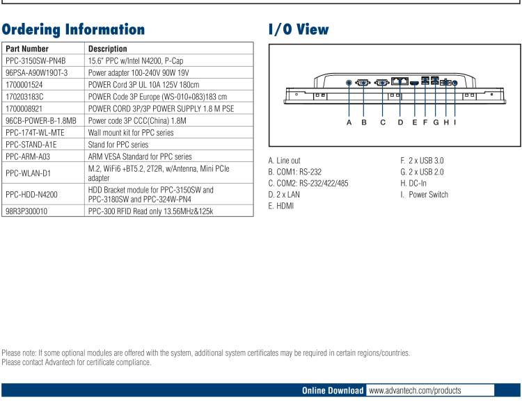 研華PPC-3150SW 15.6" 寬屏無風(fēng)扇工業(yè)平板電腦，搭載 Intel? Pentium? N4200 四核心處理器