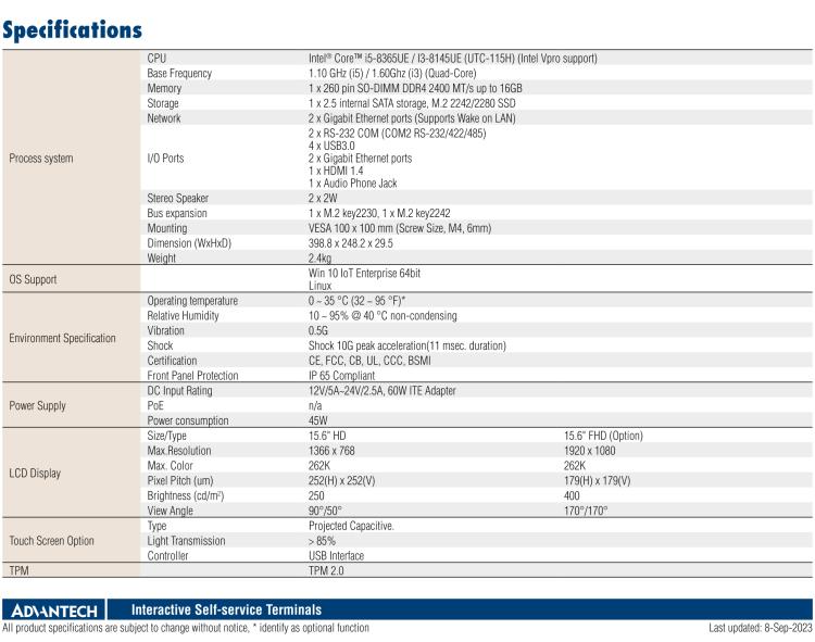 研華UTC-115H 15.6" 多功能觸控一體機，搭載 Intel? Core? i5-8365UE
