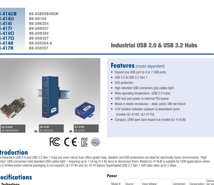 研華BB-USBHUB4OEM ULI-414LIB-工業(yè)USB 2.0集線器，4端口，高穩(wěn)固力連接器