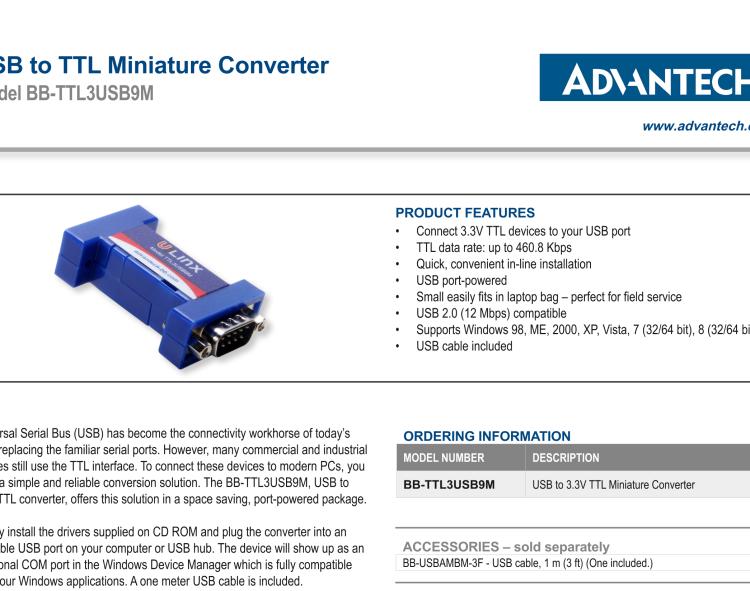 研華BB-TTL3USB9M 串口轉換器，USB 2.0至3.3 V TTL DB9 公頭