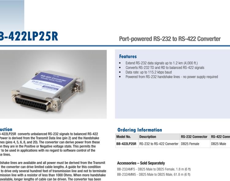 研華BB-422LP25R 串口轉(zhuǎn)換器，RS-232 DB-25 F至RS-422 DB25 M，端口供電