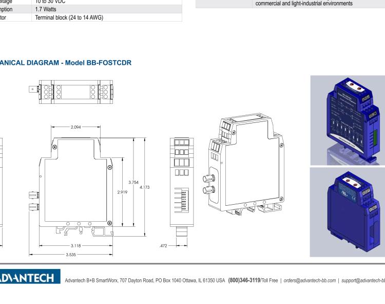 研華BB-FOSTCDR-INV 串口轉換器，RS-232/422/485 TB至MM光纖ST（反向），工業(yè)DIN
